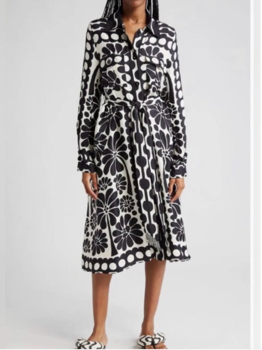 Farm Rio Palermo Long Sleeve black white print front buttons midi dress size S